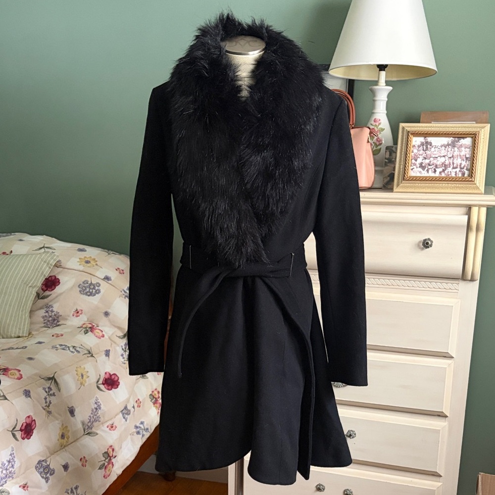 Calvin Klein Black Trench Coat with Faux Fur Collar